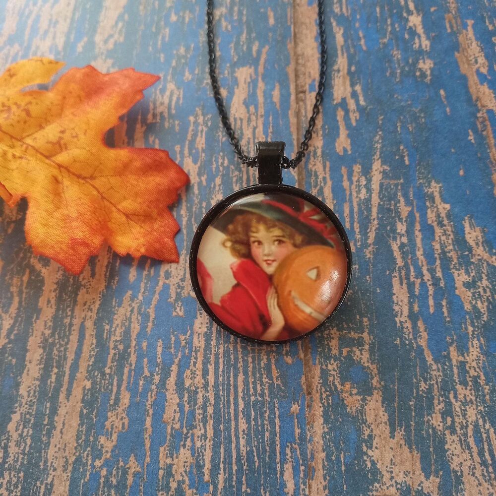 Halloween Pendant Necklace, Vintage Image of Girl with Pumpkin, Art Under Glass